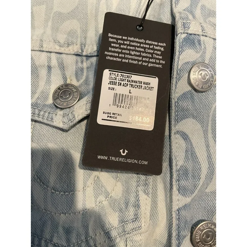 True Religion Jesse AOP Men’s L Logo Print Denim Trucker Jacket NWT msrp $184